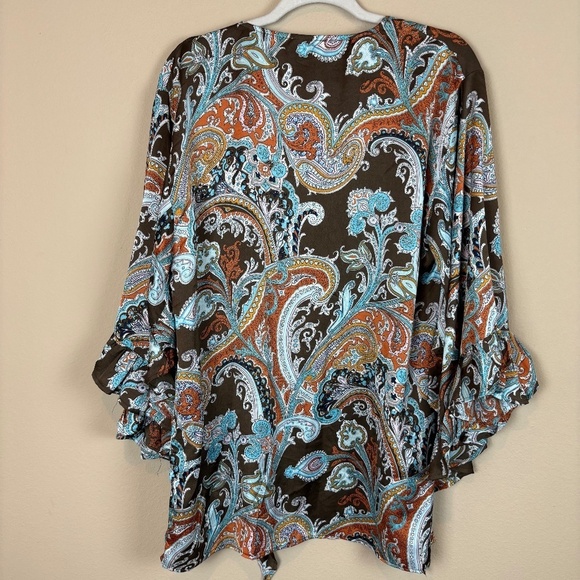 Umgee Multicolor Paisley Brown/Orange/Blue Boho Kimono Wide Ruffle Sleeves - Picture 8 of 9
